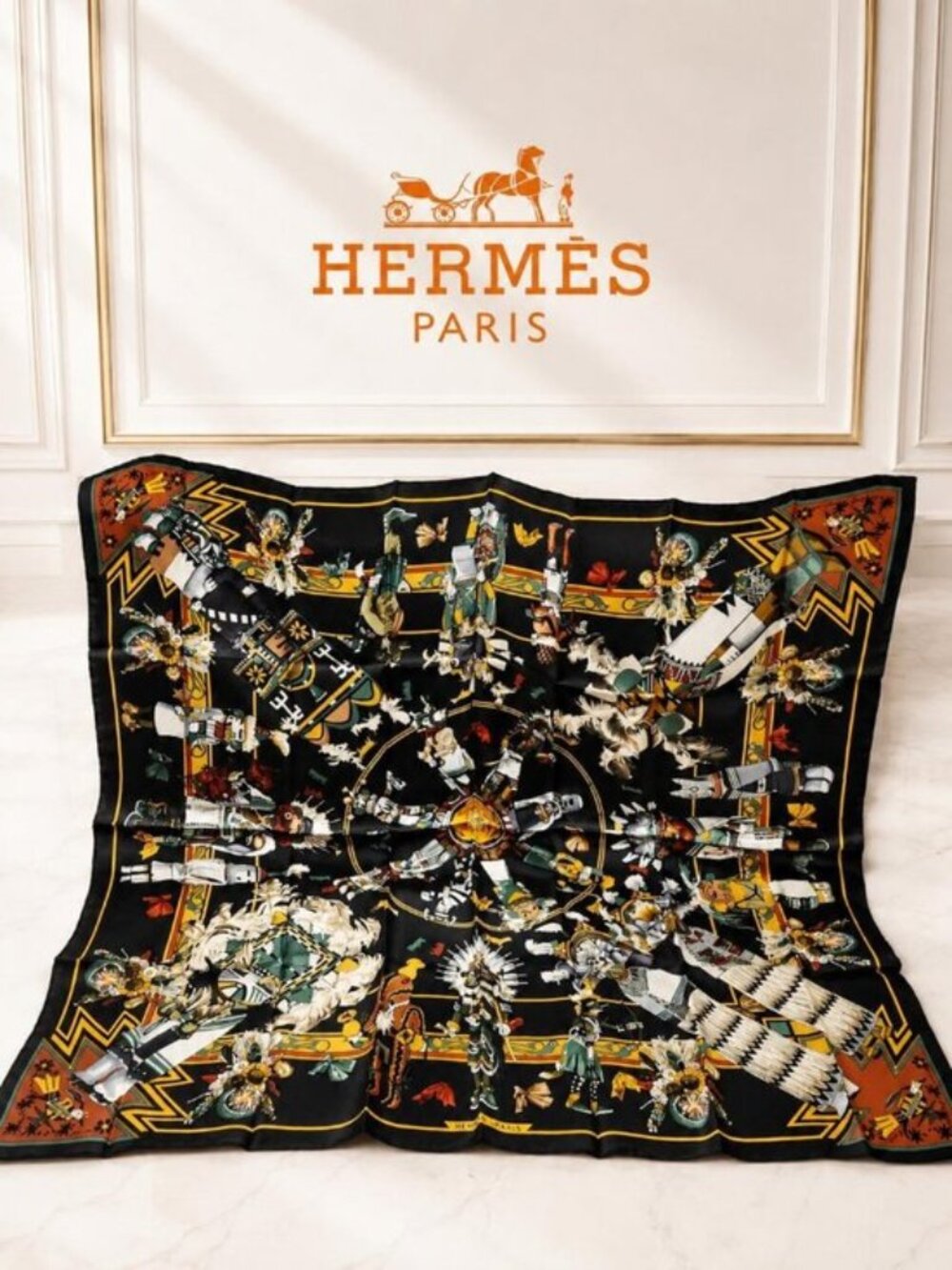Hermes Kachinas Kermit Oliver Carré 90 Scarf Black Multicolor Silk - Picture 1 of 10